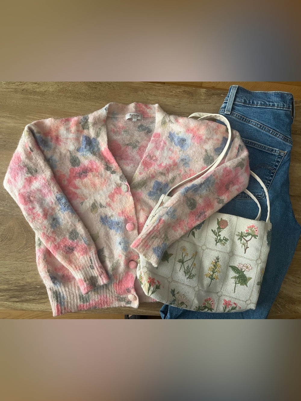 Pink Floral V-Neck Button Sweater